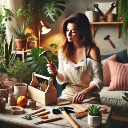 DALL·E 2024-10-17 19.36.24 - A woman in a cozy and creative setting, either a garden or a home workshop. She is holding DIY tools such as a hammer or paintbrush, actively engaged